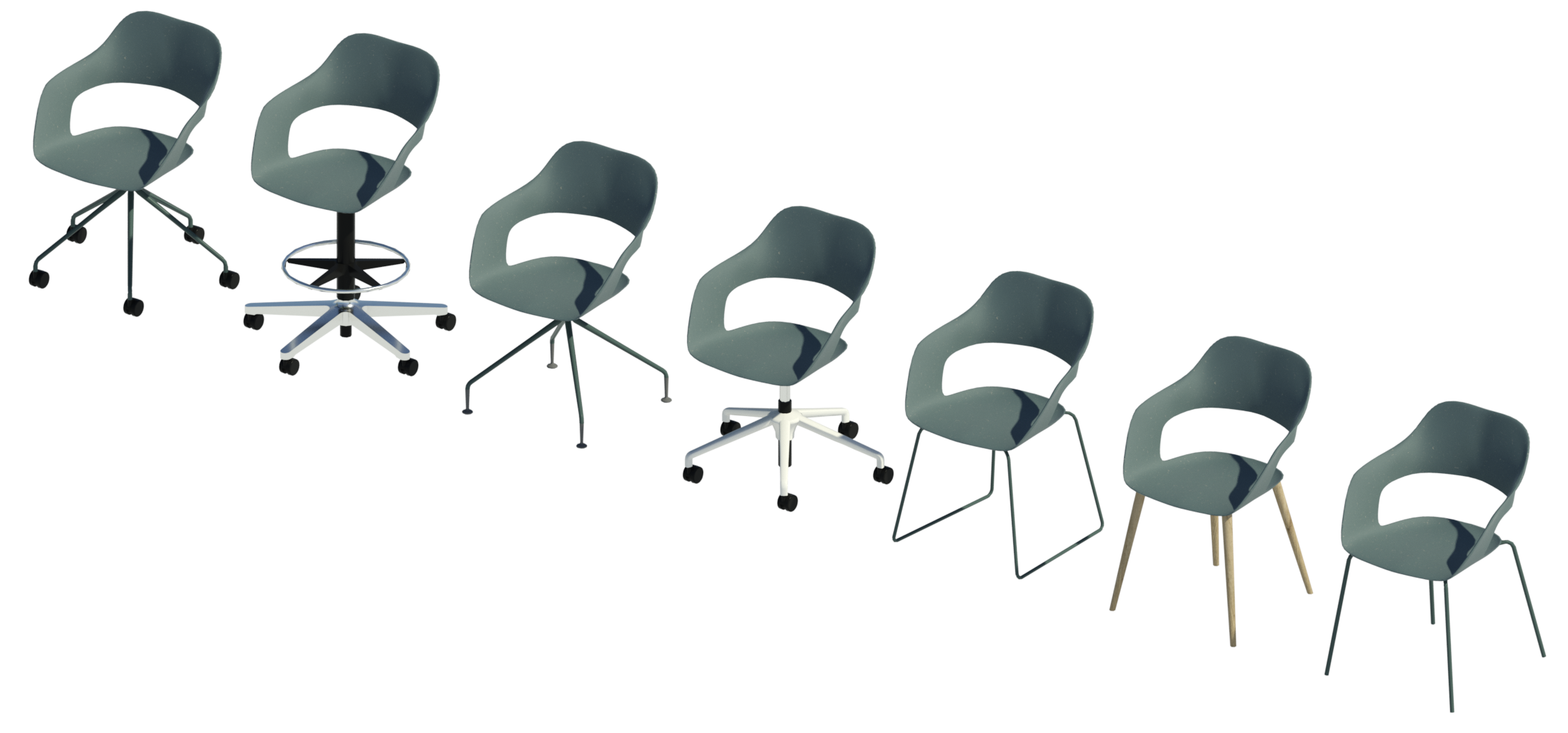 Revit render of seven possible Occo chair with emerald green seat (L to R): five star, counter five star, four star, height adjustable five star, sled, tapered and tubular frame.